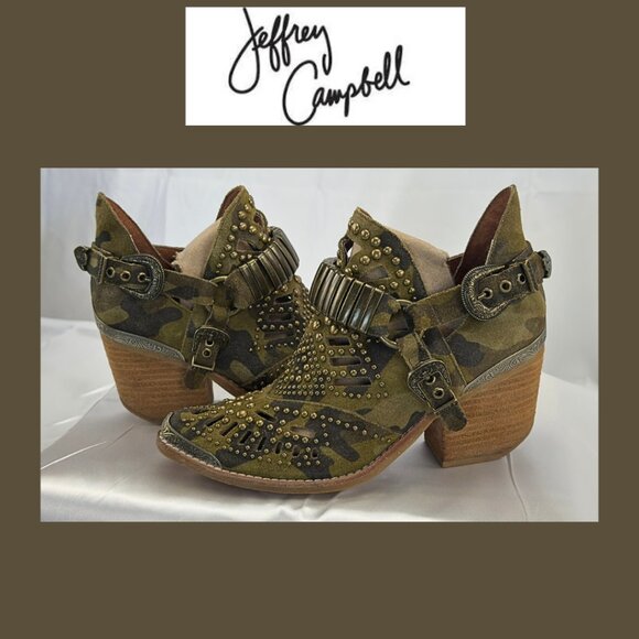 Jeffrey Campbell Calhoun Studded 4-Western Booties Olive Suede - Size 6 -